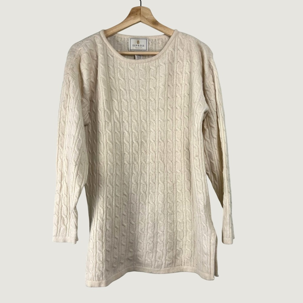Vtg Express Cream Cable Knit Lambswool Angora Sweater M Ivory Preppy 90s Cozy